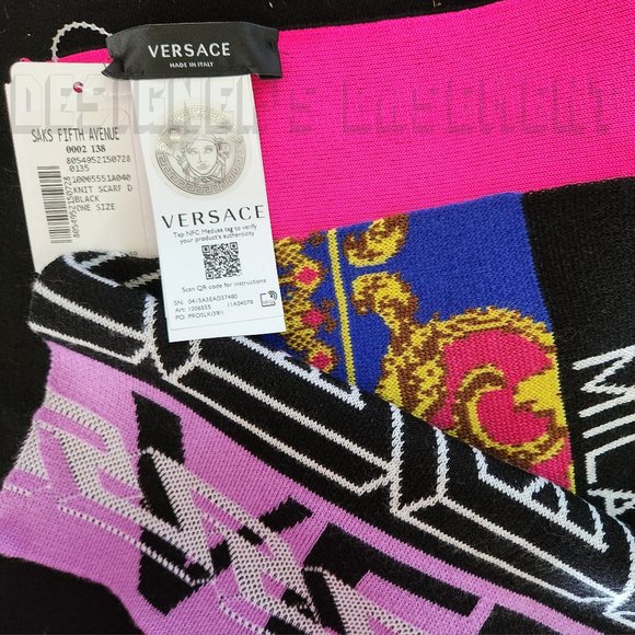 VERSACE Medusa Renaissance Greca Pattern Logo Intarsia wool blend knit scarf NWT - Picture 3 of 10